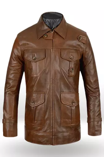 Mens dark brown lambskin leather jacket- 4 pocket button partern