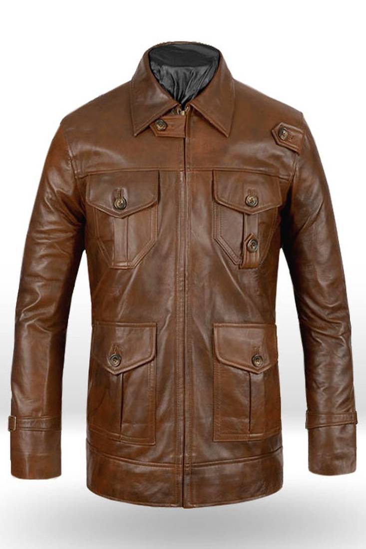 Mens dark brown lambskin leather jacket- 4 pocket button partern