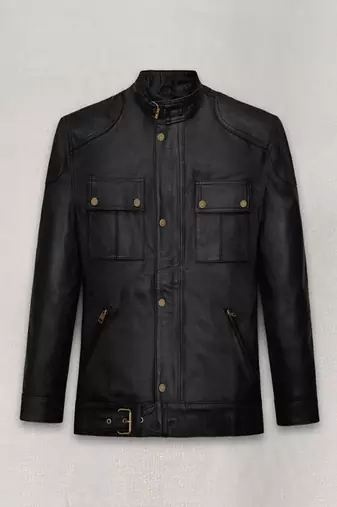 Mens black lambskin leather jacket button partern café racer style waist belt