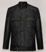 Mens black lambskin leather jacket button partern café racer style waist belt