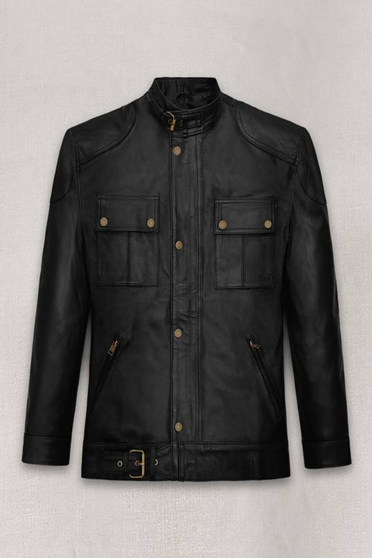 Mens black lambskin leather jacket button partern café racer style waist belt