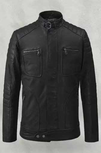 Mens black matte genuine lambskin leather jacket- quilted sholder & cafe racer tyle