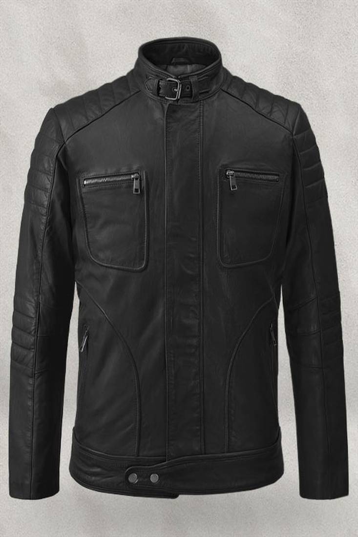 Mens black matte genuine lambskin leather jacket- quilted sholder & cafe racer tyle