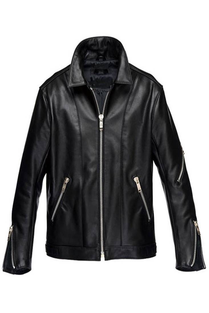 Men's black  genuine lambskin leather jacket for multipal zipper pocket style