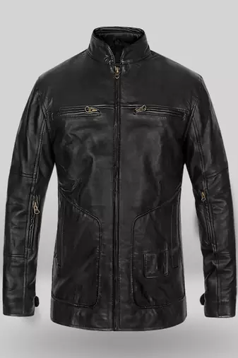 Men’s black lambskin leather jacket - zipper detail & café racer style