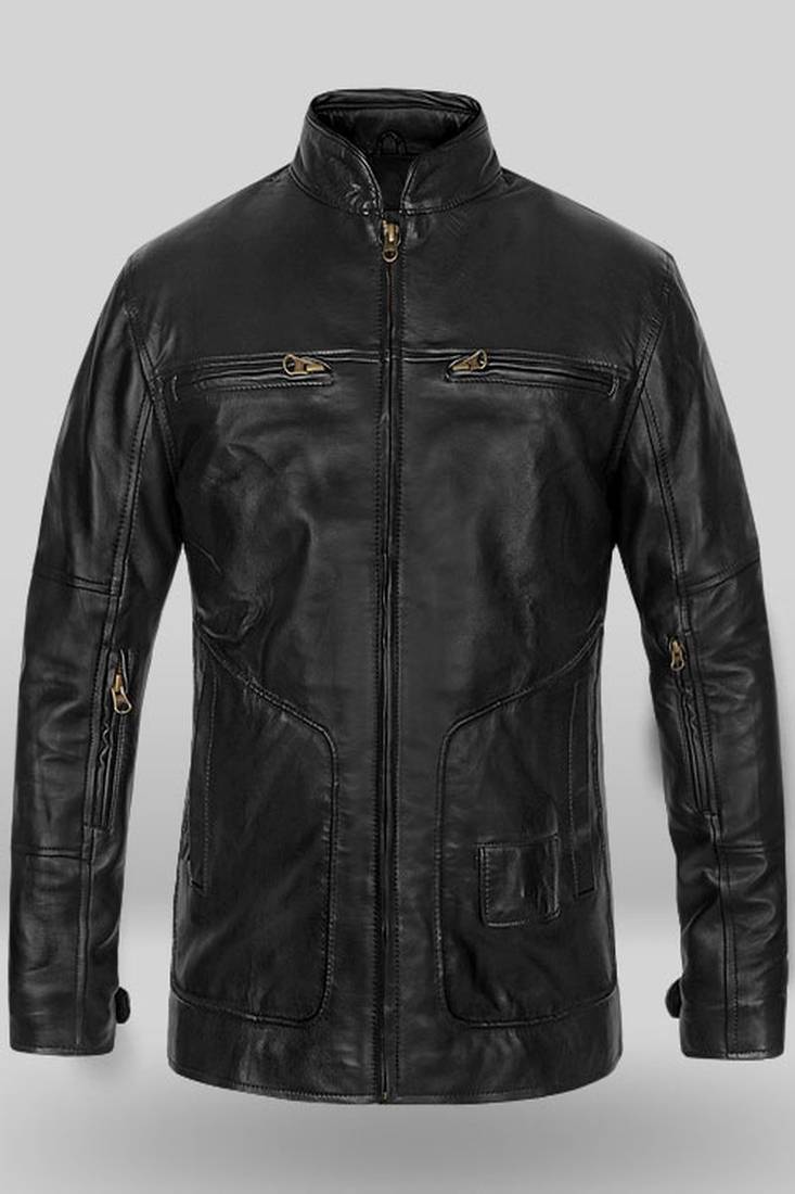 Men’s black lambskin leather jacket - zipper detail & café racer style