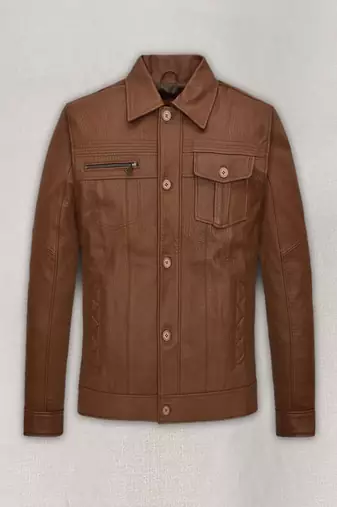 Men's brown genuine lambskin leather jacket -button & zip detail