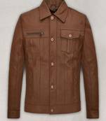 Men's brown genuine lambskin leather jacket -button & zip detail