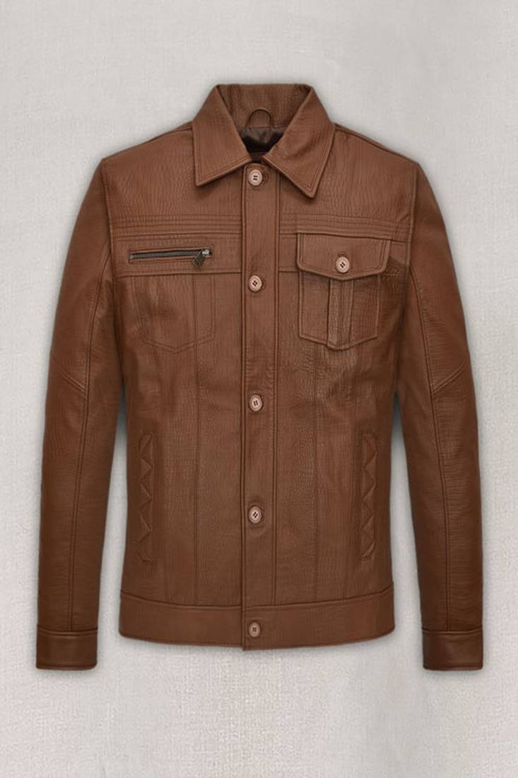 Men's brown genuine lambskin leather jacket -button & zip detail