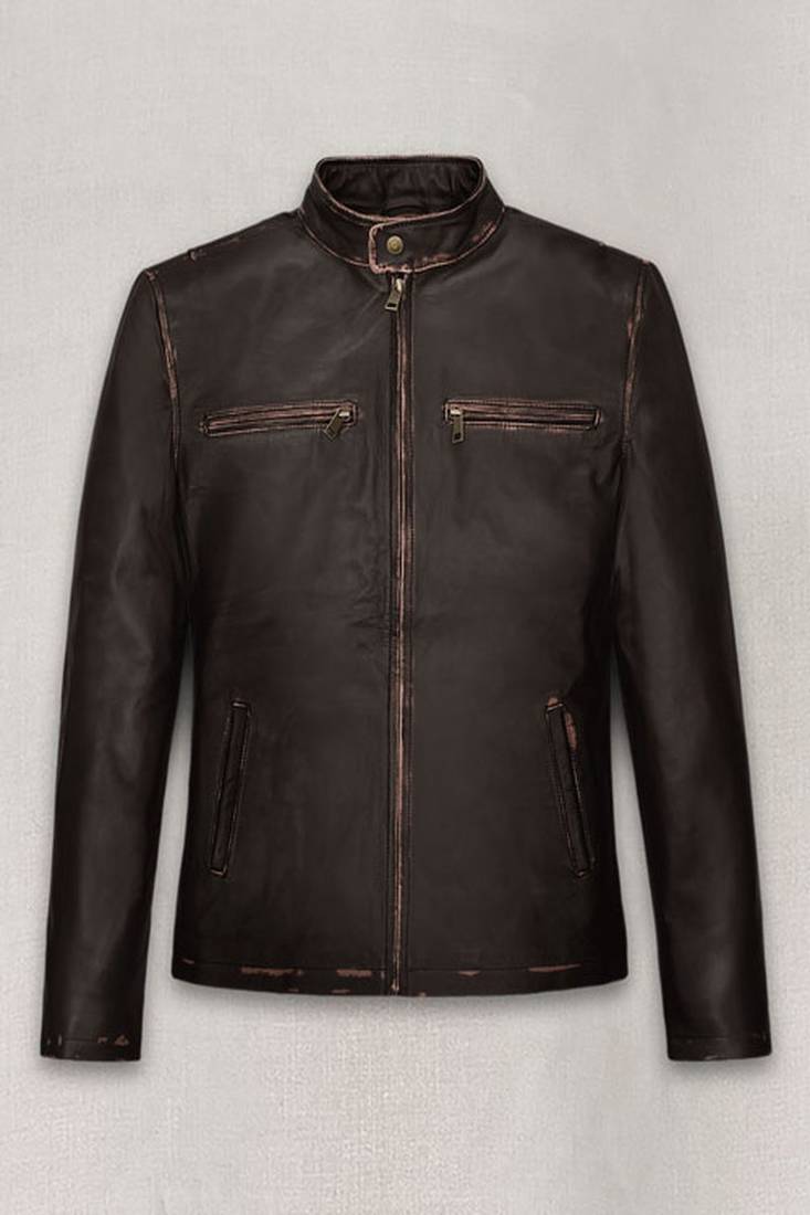 Men’s brown lambskin leather jacket- distressed vintage finish rub-off effect style