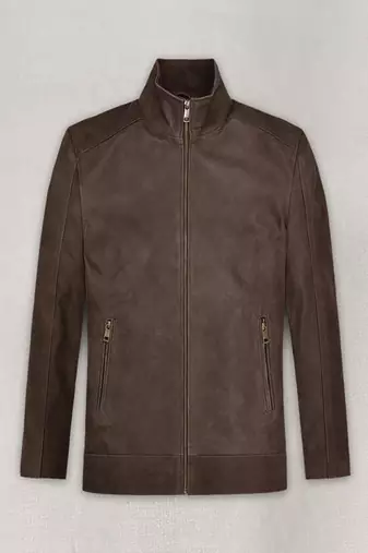 Men’s brown  lambskin leather jacket  two vertical zippered waist pockets