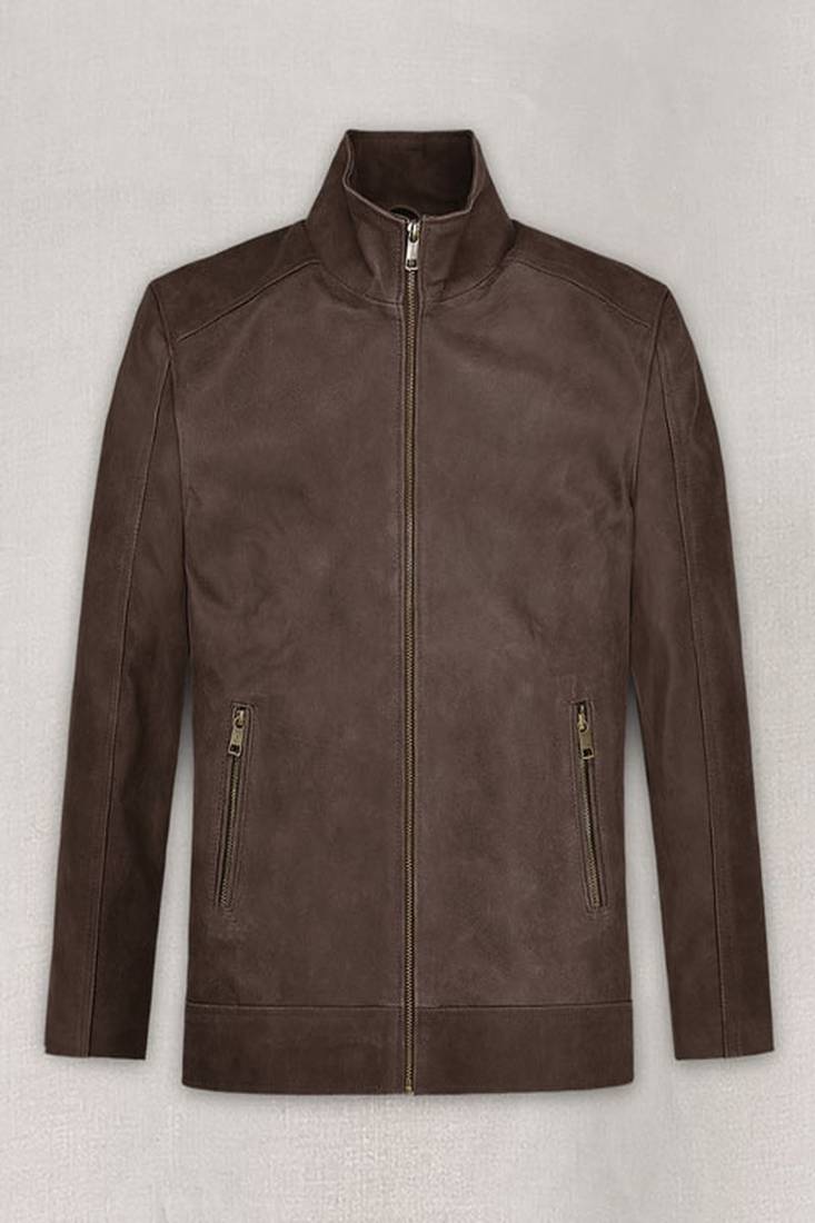 Men’s brown  lambskin leather jacket  two vertical zippered waist pockets