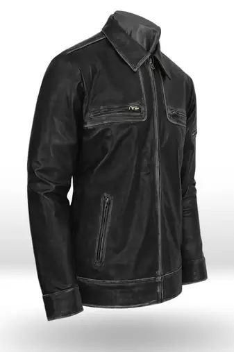 Men’s black lambskin leather jacket- distressed black finish two horizontal zippered chest pockets