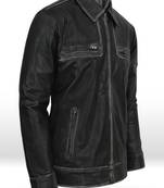 Men’s black lambskin leather jacket- distressed black finish two horizontal zippered chest pockets