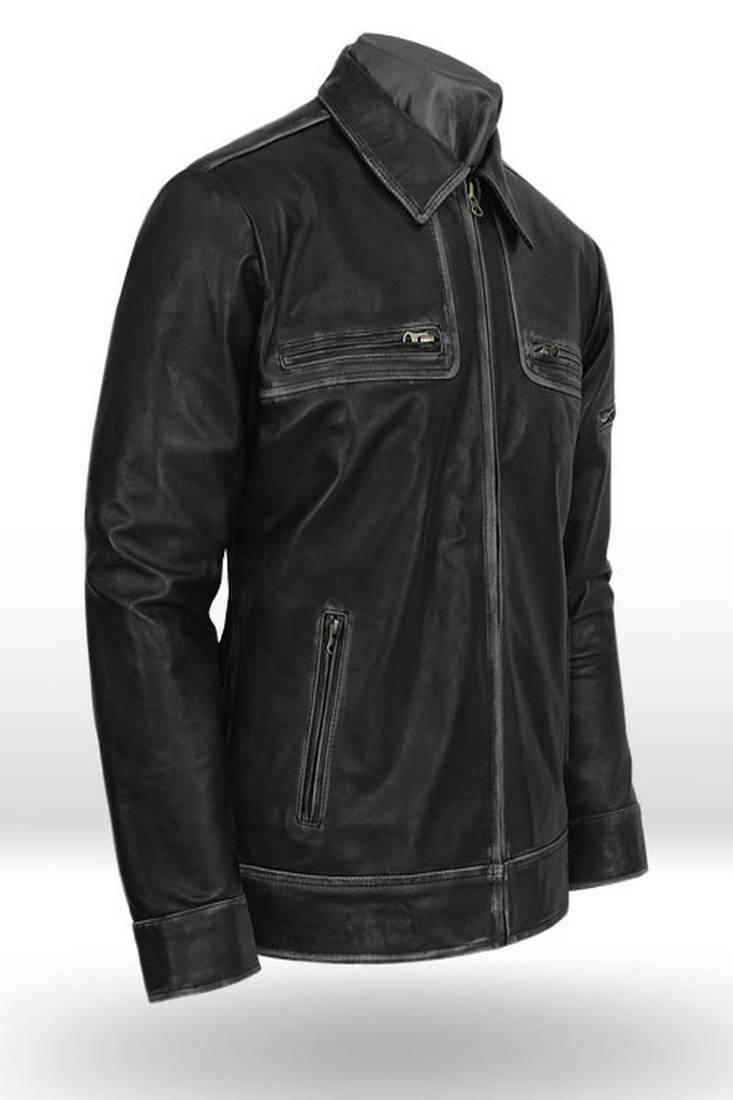 Men’s black lambskin leather jacket- distressed black finish two horizontal zippered chest pockets