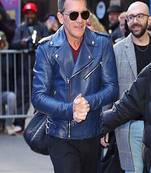 Men’s blue lambskin leather jacket muiltipal cross zip & biker  style