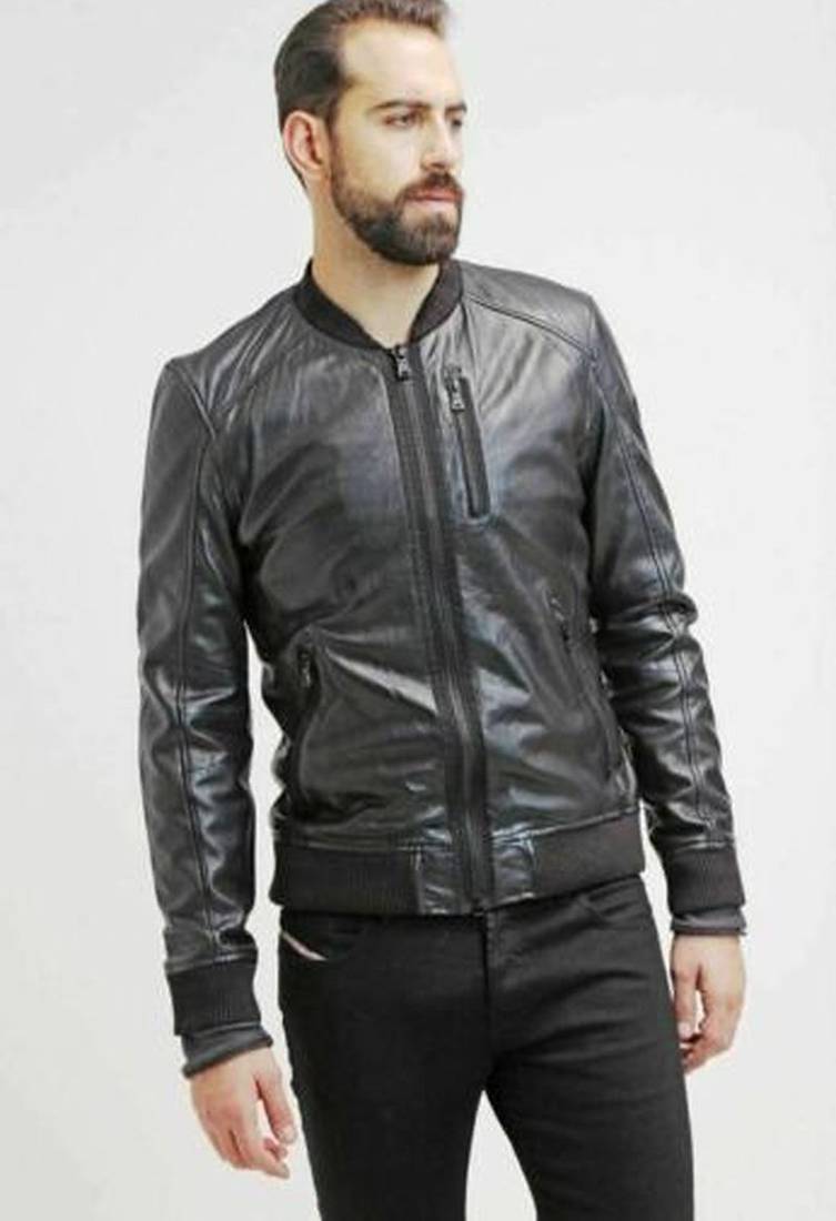 Men’s black  lambskin leather jacket-straight  zip & ribb cuff biker  style