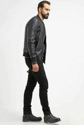 men's black lambskin leather biker jacket classic moto zip style modern authentic 4
