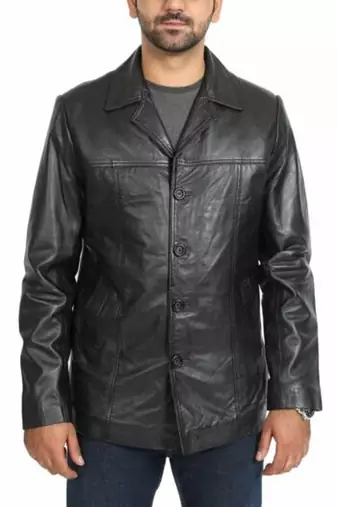 Men’s simple black lambskin leather jacket straight button coat biker  style