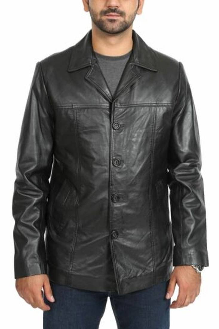 Men’s simple black lambskin leather jacket straight button coat biker  style