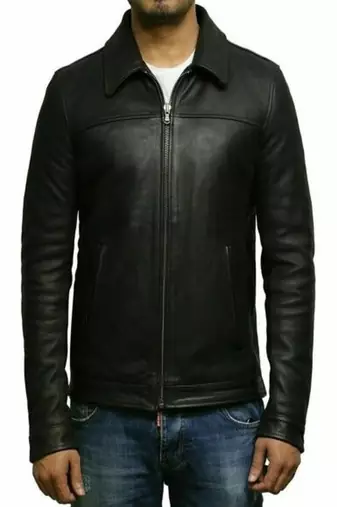 Men's black lambskin leather jacket- straight zipper style