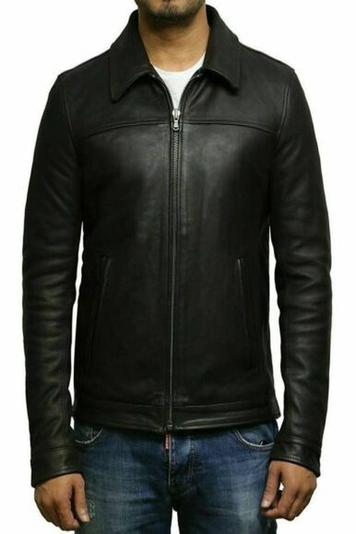 Men's black lambskin leather jacket- straight zipper style