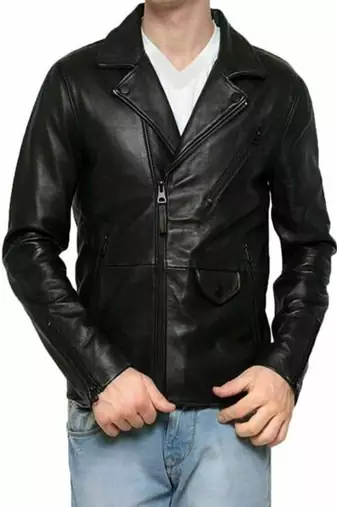Men’s simple black  lambskin leather jacket cross zipper style