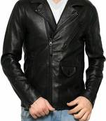 Men’s simple black  lambskin leather jacket cross zipper style