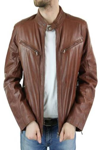 Men’s brown lambskin leather jacket 2 pocket & café racer style