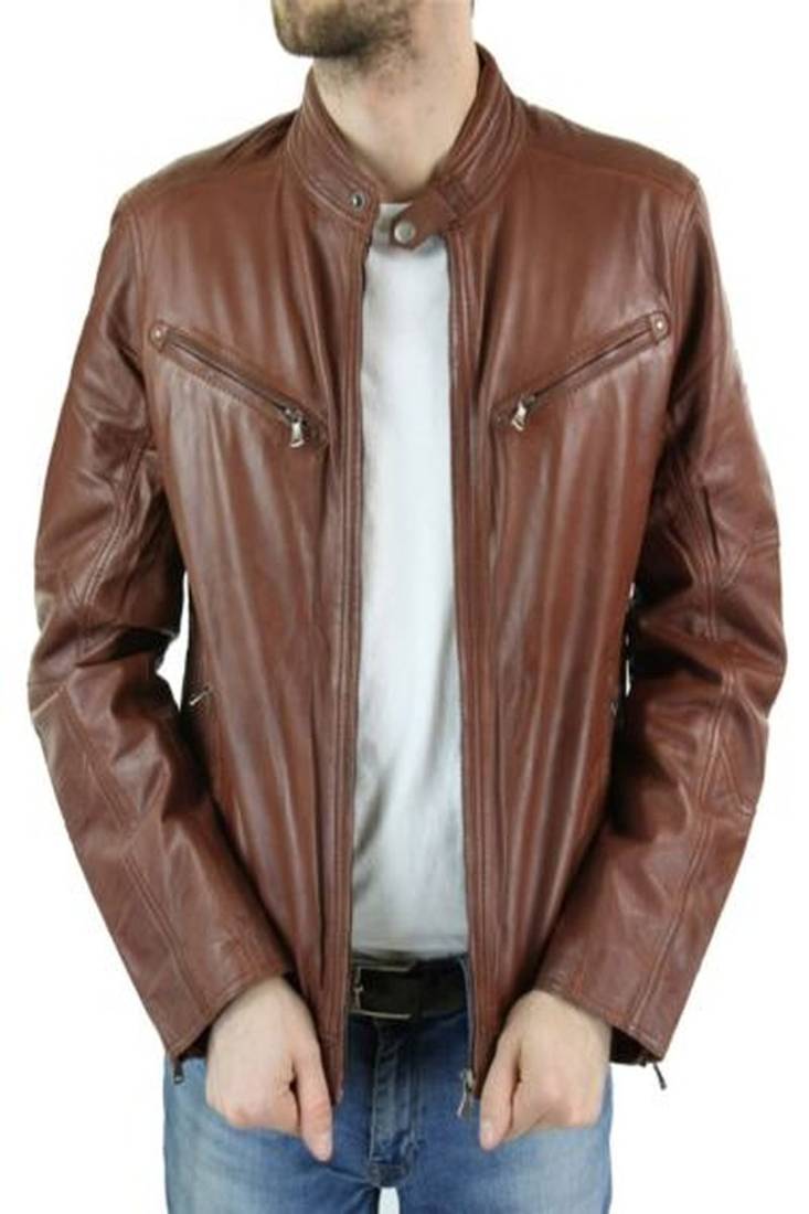Men’s brown lambskin leather jacket 2 pocket & café racer style