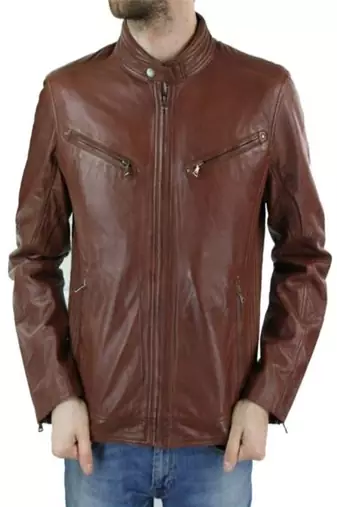 men's brown lambskin leather jacket classic zip up style signature