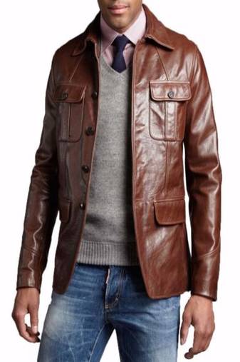 Men’s brown  genuine lambskin leather jacket 4 pocket & button style