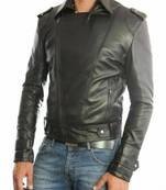 Men’s black lambskin leather jacket - asymmetrical &  belted cuffs style