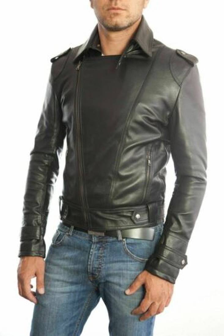 Men’s black lambskin leather jacket - asymmetrical &  belted cuffs style