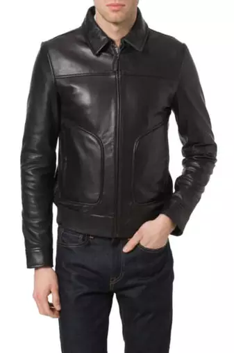 Men’s black genuine lambskin leather jacket- large, curved  rope pockets style