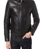Men’s black genuine lambskin leather jacket- large, curved  rope pockets style