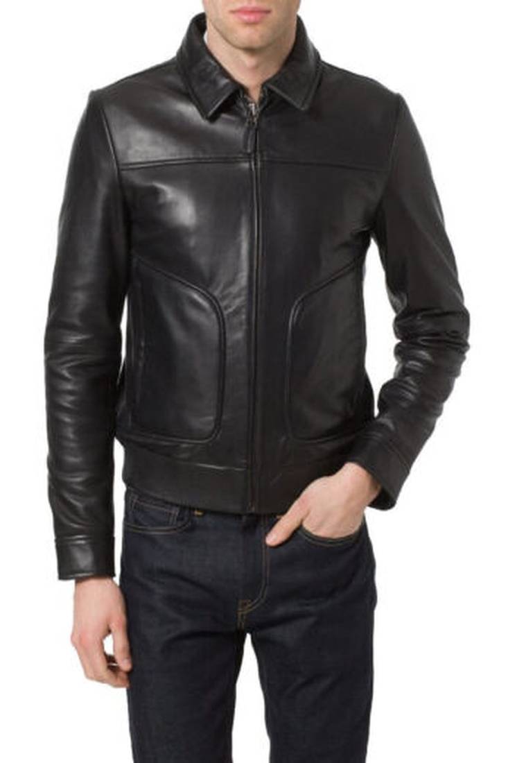 Men’s black genuine lambskin leather jacket- large, curved  rope pockets style
