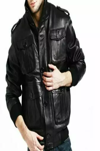 Men’s black genuine lambskin leather jacket- 4 pocket & shoulder strip style