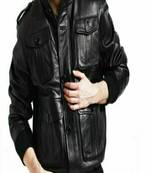 Men’s black genuine lambskin leather jacket- 4 pocket & shoulder strip style