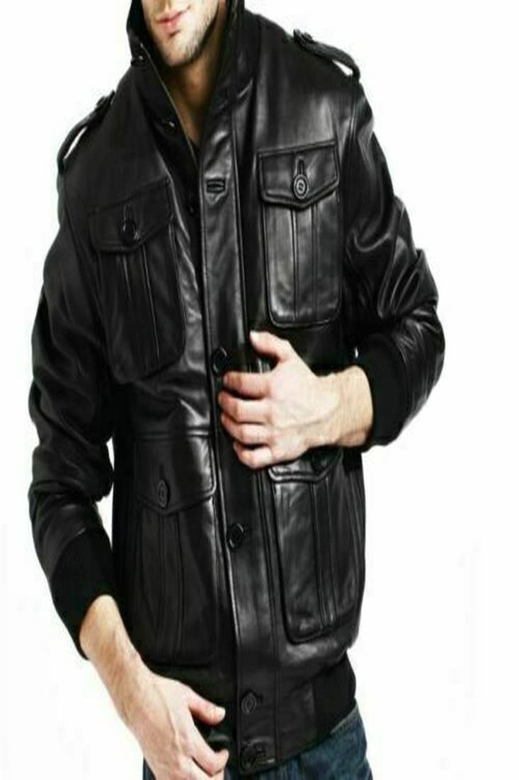 Men’s black genuine lambskin leather jacket- 4 pocket & shoulder strip style