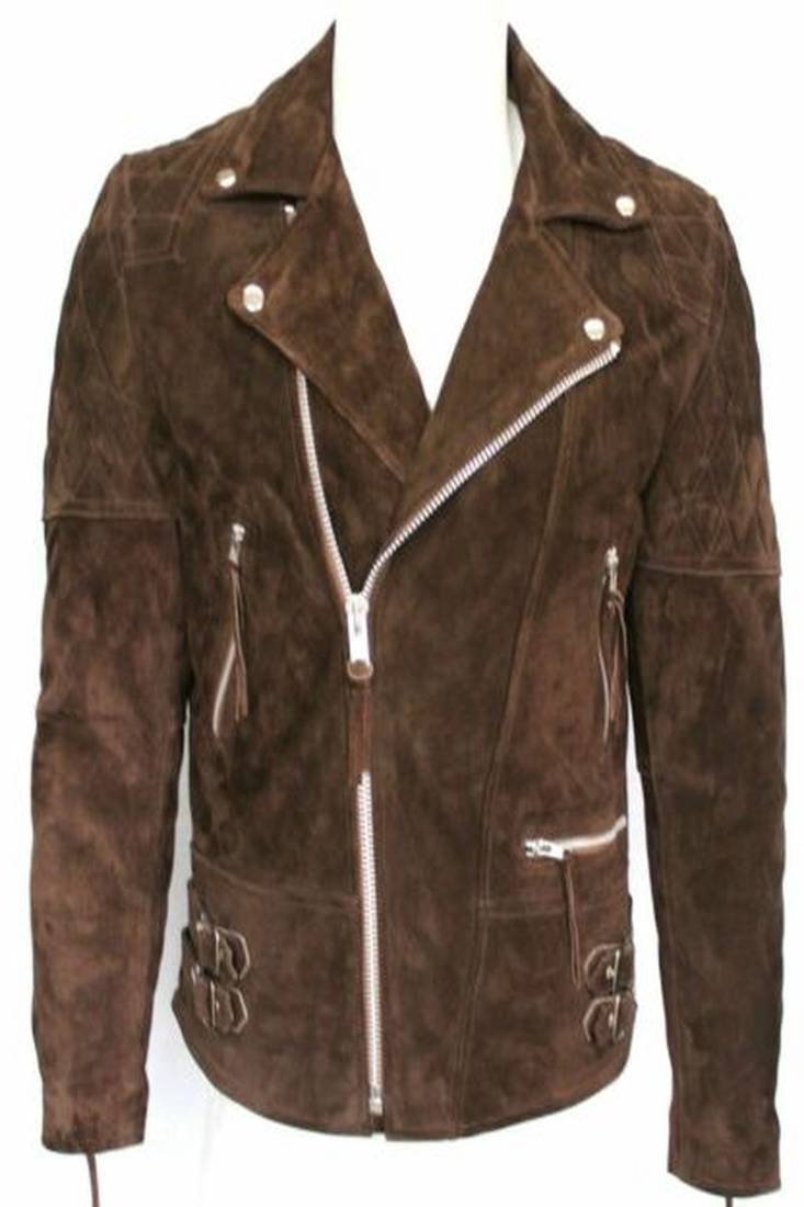 Men’s brown suede genuine lambskin leather jacket-zip & button quilted hand style