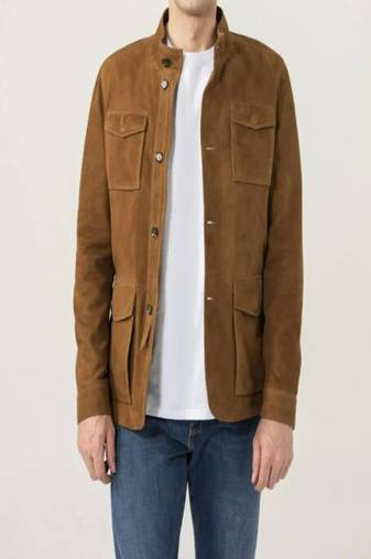 Men’s brown  suede genuine lambskin leather jacket-4 pocket & button