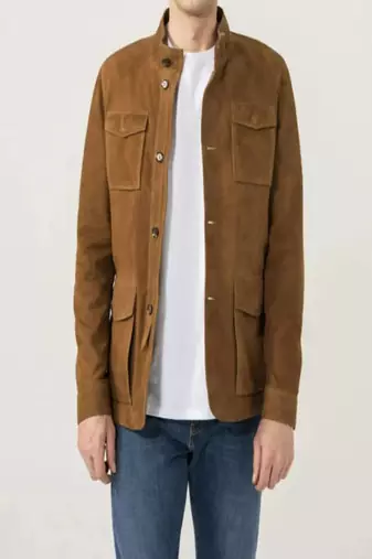 Men’s brown  suede genuine lambskin leather jacket-4 pocket & button
