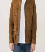 Men’s brown  suede genuine lambskin leather jacket-4 pocket & button