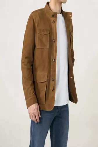 men's brown suede leather jacket classic zip up style refined