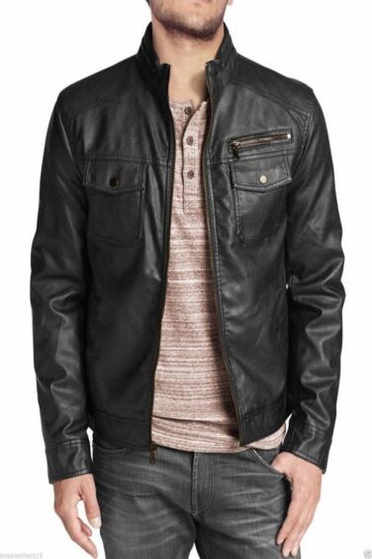 Men's black genuine lambskin leather jacket- straight zip & 2 pocket  style