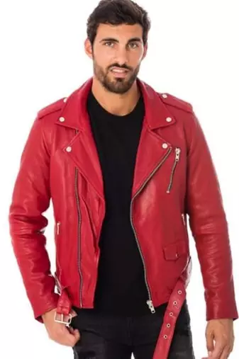 Men's red lambskin leather jacket- multipal zipper motorcycle biker style
