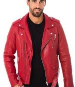 Men's red lambskin leather jacket- multipal zipper motorcycle biker style