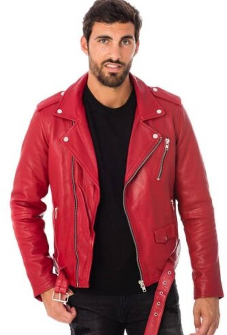 Men's red lambskin leather jacket- multipal zipper motorcycle biker style