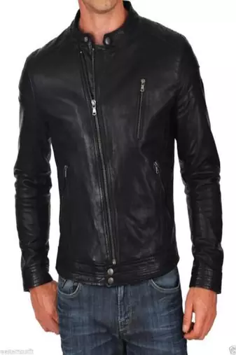 men'sblack lambskin leather motorcycle jacket- cross zip café racer style